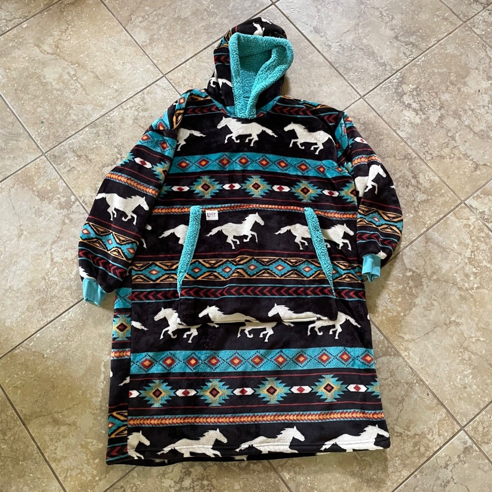 Lazy One Southwestern Horse Print Oversized Hooded Fleece Blanket Robe Blue